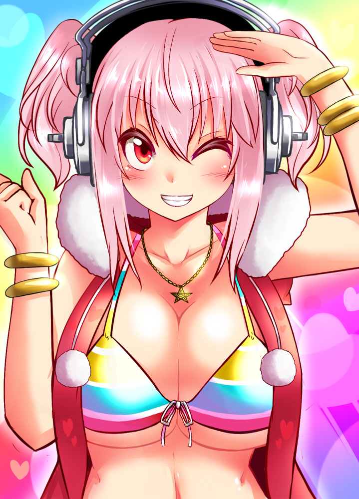 artist_request blush bracelet breasts cleavage front-tie_top grin headphones jewelry large_breasts midriff navel necklace nitroplus orange_eyes pendant pink_hair roki_(hirokix) salute shiny shiny_skin smile sonico source_request super_sonico swimsuit twintails underboob wink