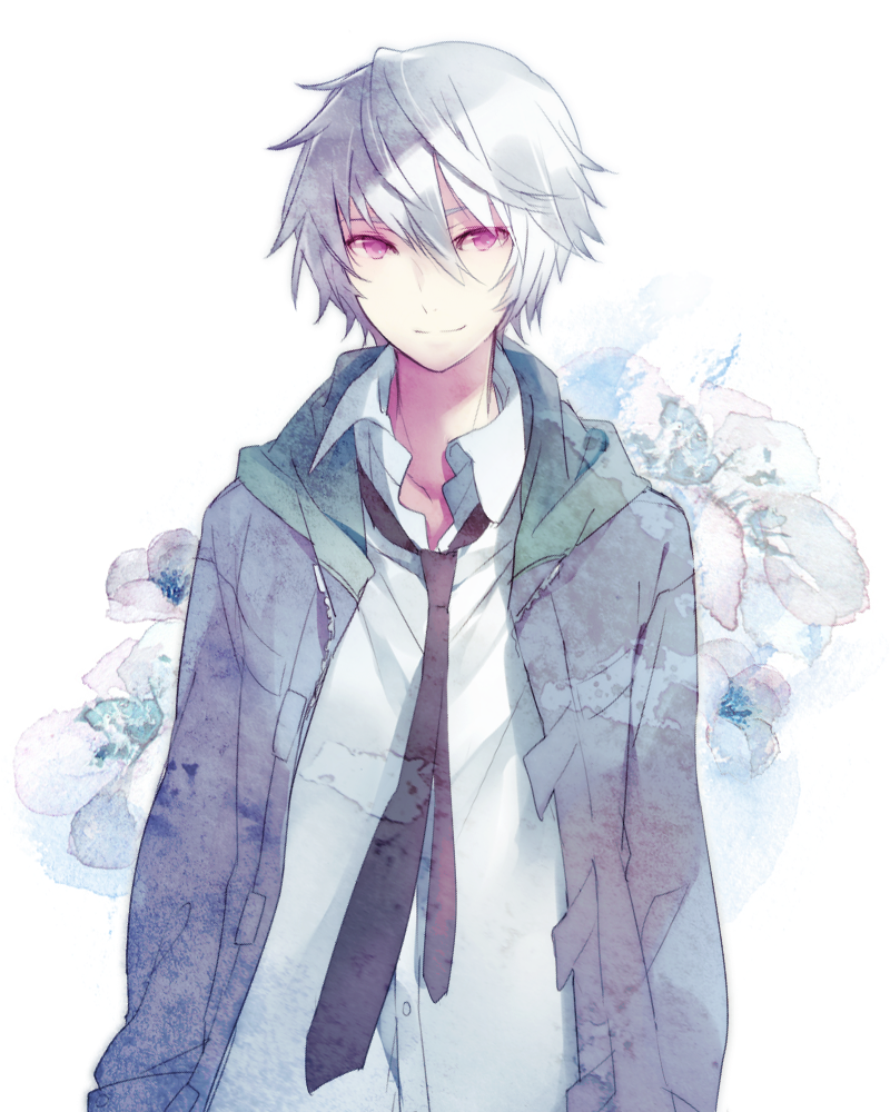 akise_aru hoodie inko_(mini) jacket male mirai_nikki necktie pink_eyes shirt short_hair silver_hair simple_background smile solo standing white_shirt