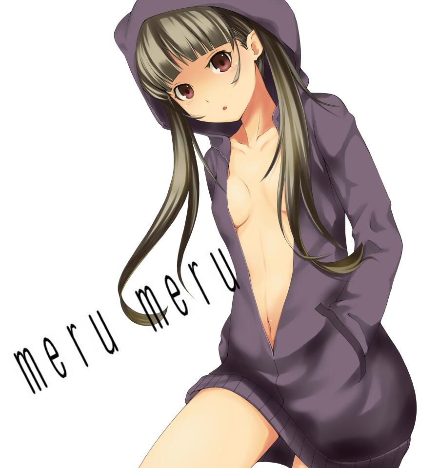 breasts breasts_apart brown_eyes brown_hair buriteri center_opening hands_in_pockets hoodie long_hair looking_at_viewer navel open_clothes open_mouth open_shirt otonashi_meru purple_eyes sayonara_zetsubou_sensei shirt simple_background solo sweater white_background