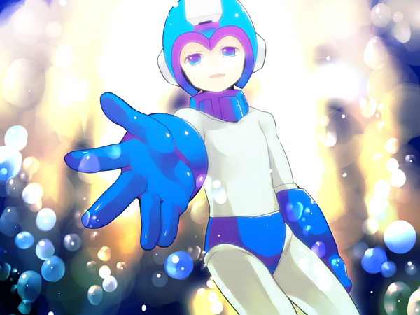 bubble light outstretched_arm outstretched_hand reaching rockman rockman_(character) rockman_(classic) smile underwater zakki