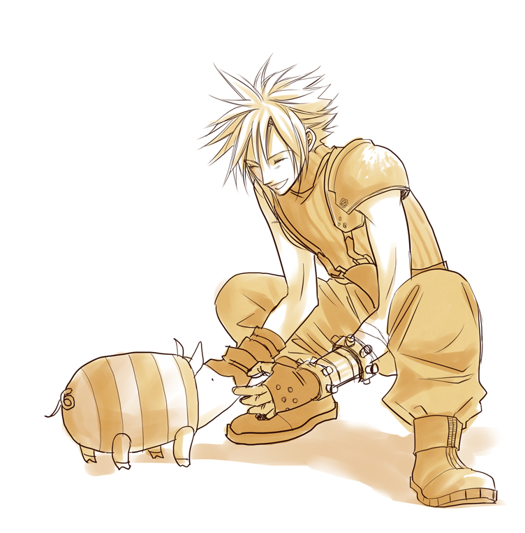 cloud_strife crossover final_fantasy final_fantasy_vii gloves monochrome monster_hunter pig poogie shoo_(sketchbookshow) simple_background smile spiked_hair spiky_hair squatting white_background yellow