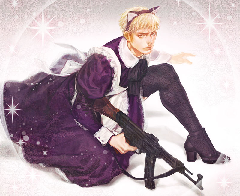 a_k_i animal_ears apron artist_request assault_rifle axis_powers_hetalia blonde_hair blue_eyes cat_ears crossdressinging germany_(hetalia) gun high_heels legs maid male manly pantyhose ribbon rifle shoes short_hair solo sparkle stg44 thighhighs weapon