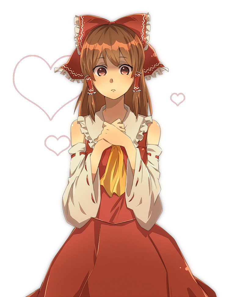 bad_id blush bow brown_eyes brown_hair detached_sleeves hair_bow hakurei_reimu hands_clasped hands_on_own_chest heart japanese_clothes miko red_eyes rinoko_(imoko) solo touhou