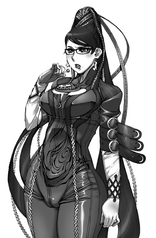 1girl bayonetta bayonetta_(character) beauty_mark black_hair bodysuit cleavage_cutout confused cute earrings female glasses hair_bun lollipop long_hair matagitii mole monochrome nintendo perfection platinum_games_inc. ribbon sega solo super_smash_bros.