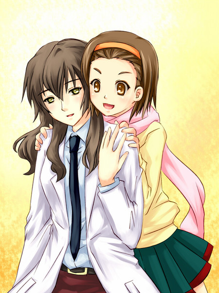 2girls brown_eyes brown_hair edasaki_kizuri headband kiyama_harumi labcoat long_hair piku scarf short_hair to_aru_kagaku_no_railgun to_aru_majutsu_no_index