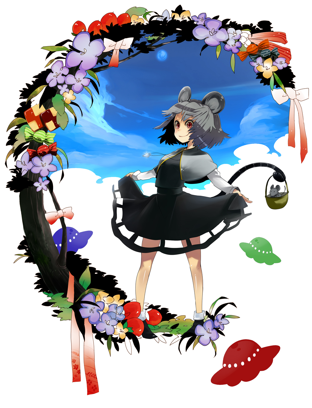basket flower grey_hair highres kakueki-teisha mouse mouse_ears mouse_tail nazrin prehensile_tail red_eyes short_hair tail touhou ufo