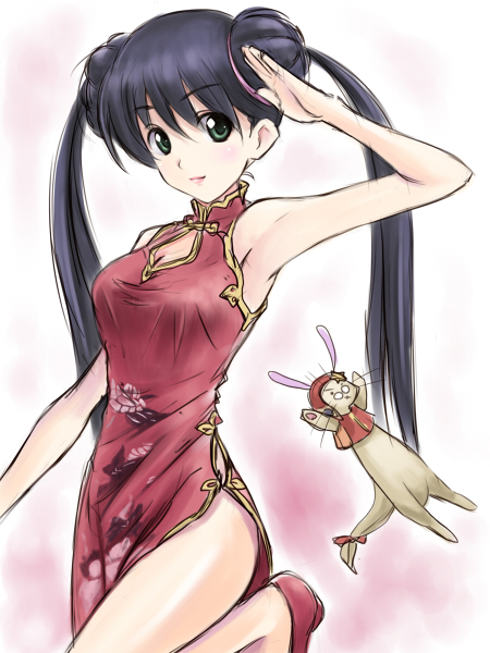 black_hair china_dress chinese_clothes choujikuu_yousai_macross double_bun face green_eyes lips long_hair lynn_minmay macross macross:_the_first salute satogo side_slit sketch twintails weasel