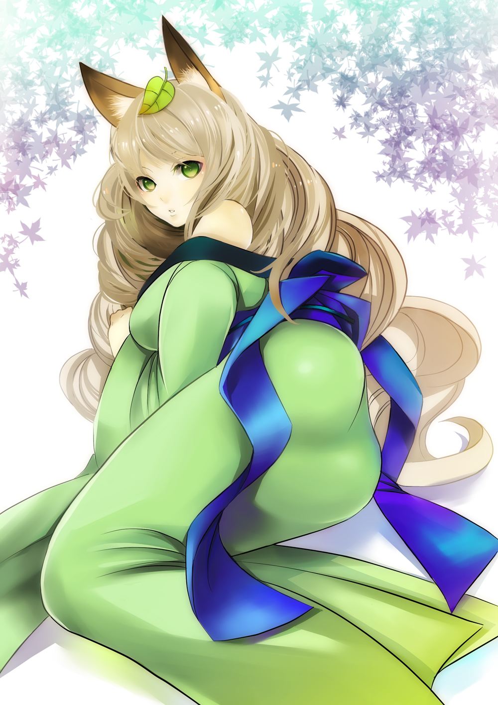 bare_shoulders blonde_hair curly_hair fox_ears from_behind green_eyes highres japanese_clothes kimono leaf leaf_on_head long_hair looking_back lying oboro_muramasa oboro_muramasa_youtouden off_shoulder silver_hair tate_(donnguriumai) tate_(pixiv126212) vanillaware yuzuruha