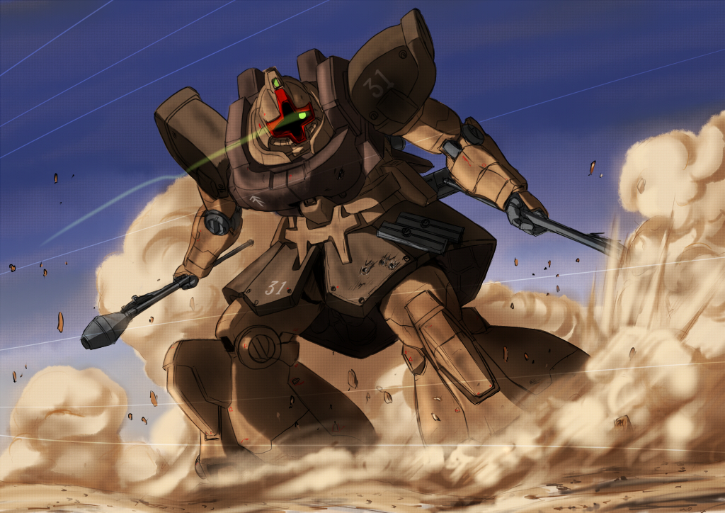 bullet_holes desert dom dom_tropen dust gundam gundam_0083 inyu inyucchi mecha mobile_suit mobile_suit_gundam motion_blur no_humans panzerfaust sand solo