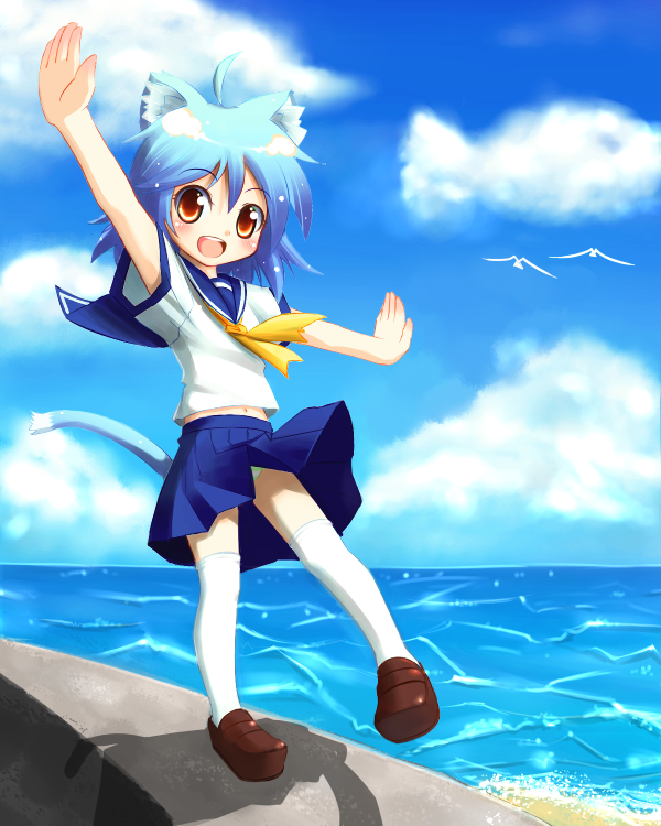 blue_hair blush brown_eyes cat_ears npon515 ocean original panties school_uniform serafuku short_hair skirt skirt_lift tail thigh-highs thighhighs underwear wall water wind_lift