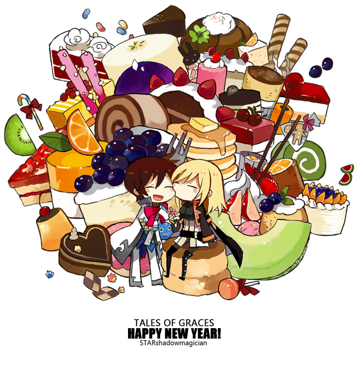 asbel_lhant chibi dessert food fruit melon multiple_boys new_year pancake richard_(tales_of_graces) starshadowmagician tales_of_(series) tales_of_graces title_drop