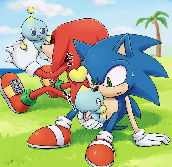 2boys blue_sky chao clouds coconuts gloves grass green_eyes heart knuckles_the_echidna palm_tree running_shoes sea socks sonic sonic_the_hedgehog spikes tail white_gloves white_socks wings