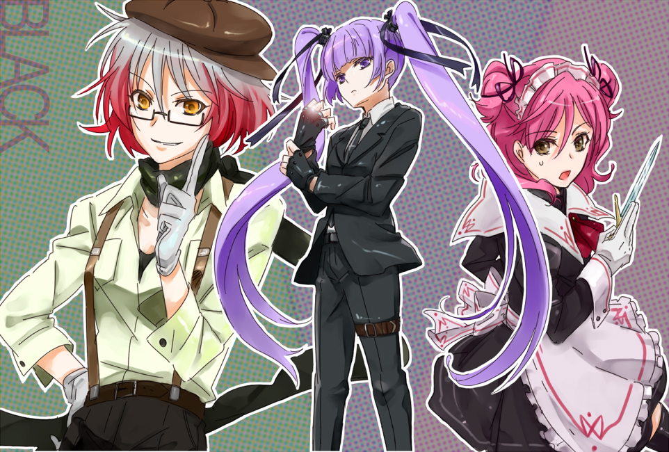 alternate_costume cheria_barnes formal glasses gradient_hair knife maid multicolored_hair multiple_girls pant_suit pascal pink_hair purple_hair red_hair sophie_(tales_of_graces) suit tales_of_(series) tales_of_graces tuxedo twintails two-tone_hair two_side_up white_hair yomoyama