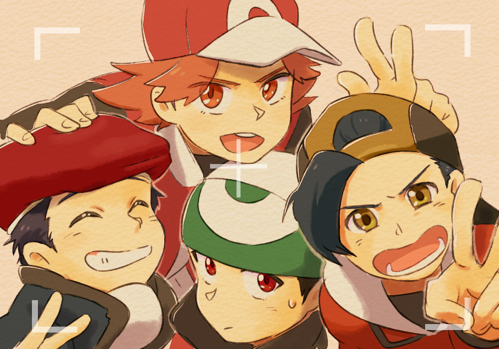 ^_^ alternate_costume backwards_hat baseball_cap beret black_hair closed_eyes diamond_(pokemon) gold_(pokemon) gold_(pokemon)_(remake) grin hand_on_head happy hat hoodie kon_(koheya) kouki_(pokemon) kouki_(pokemon)_(remake) male multiple_boys open_mouth orange_eyes orange_hair photo_(object) pokemon pokemon_(game) pokemon_dppt pokemon_gsc pokemon_rse popped_collar red_(pokemon) red_(pokemon)_(remake) red_eyes smile sweatdrop v viewfinder yellow_eyes yuuki_(pokemon) yuuki_(pokemon)_(remake)