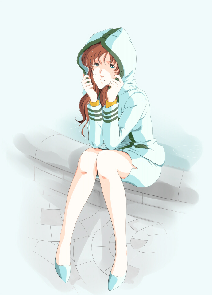 1girl 80s blue_eyes brown_hair hayase_misa hood long_hair macross oldschool sitting uniform waeba_yuusee