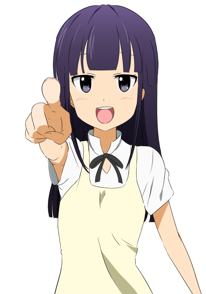 :d apron bangs blunt_bangs bust foreshortening igashiko long_hair looking_at_viewer open_mouth pointing pointing_at_viewer purple_eyes purple_hair simple_background smile solo tsurime violet_eyes waitress white_background working!! yamada_aoi