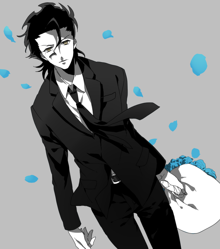 ahoge bad_id black_hair blue_rose bouquet dutch_angle fate/stay_night fate/zero fate_(series) flower formal kai28 lancer_(fate/zero) male mole necktie rose short_hair solo suit yellow_eyes