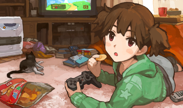 :o brown_eyes brown_hair cat controller game_controller k-on! on_stomach playstation playstation_3 potato_chips short_hair short_twintails solo suzuki_jun tomohi twintails