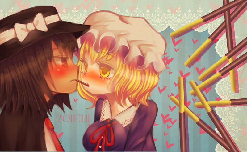 2girls bad_id blonde_hair blush brown_eyes brown_hair culotte(96) dated doily eye_contact hat heart looking_at_another maribel_hearn multiple_girls necktie pocky pocky_day pocky_kiss profile short_hair striped striped_background touhou usami_renko yellow_eyes yuri
