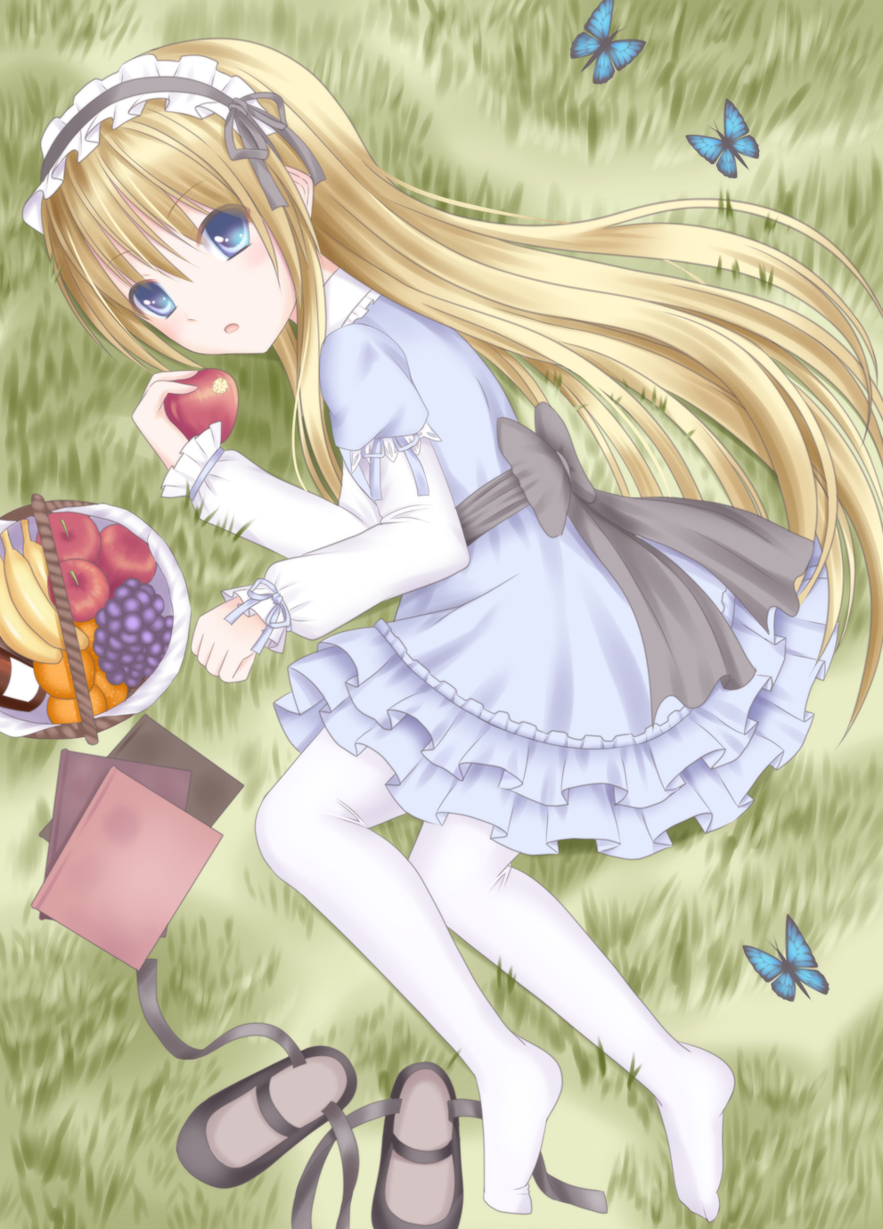 apple blue_eyes book books butterfly fruit grass hairband hairbant highres ikeda_yuuki long_hair original pantyhose white_legwear