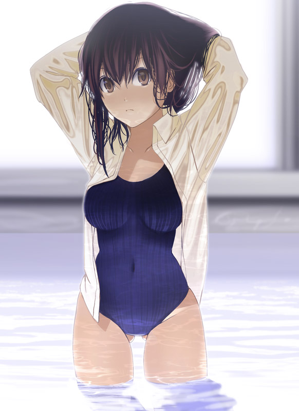 akitama breasts brown_eyes brown_hair competition_swimsuit large_breasts one-piece_swimsuit open_clothes open_shirt original shirt solo standing swimsuit wading