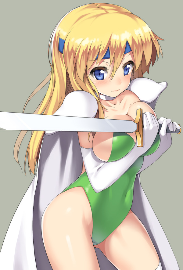 between_breasts blonde_hair blue_eyes blush breasts cape celes_chere elbow_gloves final_fantasy final_fantasy_vi gloves headband highleg highleg_leotard large_breasts leotard long_hair nagase_haruhito pauldron pauldrons solo sword weapon
