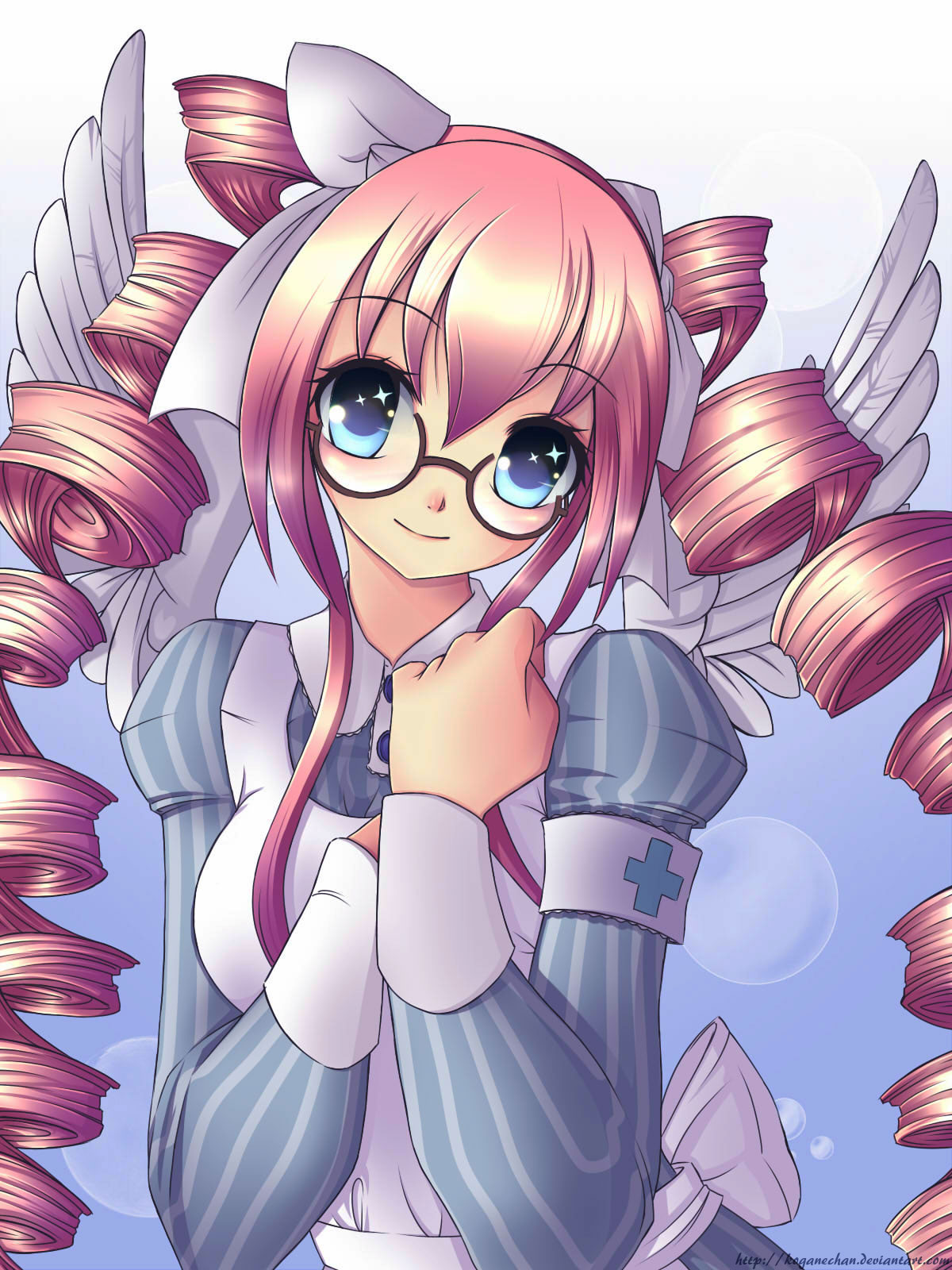 blue_eyes drill_hair glasses highres long_hair original pink_hair solo wings