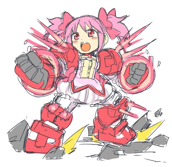 &gt;:o armor dress fighting_stance fusion gundam gundam_age gundam_age-1 gundam_age-1_titus kaname_madoka magical_girl mahou_shoujo_madoka_magica mecha_musume mechanical_arms mechanical_legs open_mouth parody pink_eyes pink_hair red_eyes rough shigehiro_(artist) short_hair short_twintails simple_background solo standing twintails white_background