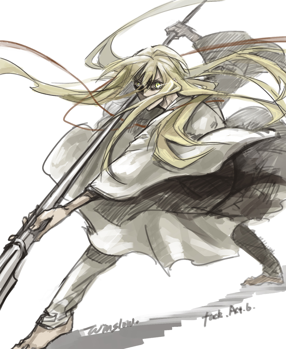 androgynous barefoot blonde_hair darkwinslow enkidu_(fate/strange_fake) fate/stay_night fate/strange_fake fate_(series) glowing glowing_eyes green_hair highres long_hair male polearm solo spear weapon yellow_eyes