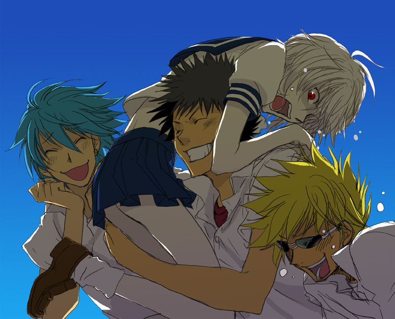 3boys accelerator albino aogami_pierce black_hair blonde_hair blue_hair carrying closed_eyes crossdressinging eyes_closed friends genderswap kamijou_touma multiple_boys person_over_shoulder pocapin red_eyes school_uniform serafuku short_hair skirt smile spiked_hair spiky_hair sunglasses suzushina_yuriko to_aru_majutsu_no_index tsuchimikado_motoharu white_hair