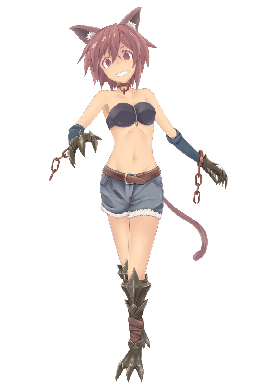 animal_ears belt bra brown_eyes brown_hair cat_ears cat_tail chain chains claws collar grin highres lingerie momo_no_kanzume navel original short_hair shorts simple_background smile solo tail underwear