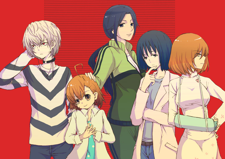 4girls accelerator accelerator_family ahoge albino black_hair blue_eyes brown_eyes brown_hair cast choker color dress frown jersey labcoat last_order long_hair long_sleeves misaka_worst multiple_girls pants polka_dot polka_dot_dress ponytail red_eyes shirt short_hair side_slit simple_background smile striped striped_shirt to_aru_majutsu_no_index track_suit vietnamese_dress white_hair yomikawa_aiho yoshikawa_kikyou