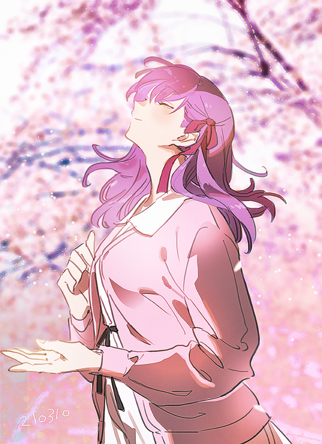 1girl arm_up bangs blurry blurry_background blush breasts cardigan cherry_blossoms closed_eyes commentary dated dress dust fate/stay_night fate_(series) hair_ribbon haun long_sleeves looking_up matou_sakura medium_breasts medium_hair outdoors pink_cardigan purple_hair red_ribbon ribbon smile solo white_dress