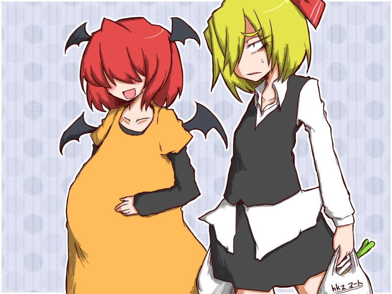 :/ :d adult alternate_costume ascot bag bags_under_eyes bat_wings blonde_hair blush cat-ma collarbone dress_shirt eyebrows eyelashes hair_over_eyes hair_over_one_eye hand_on_stomach happy head_wings koakuma long_sleeves multiple_girls open_mouth pregnant red_hair redhead rumia shirt shopping_bag short_hair skirt skirt_set smile spring_onion sweatdrop t-shirt the_embodiment_of_scarlet_devil touhou unbuttoned untucked vest wings youkai