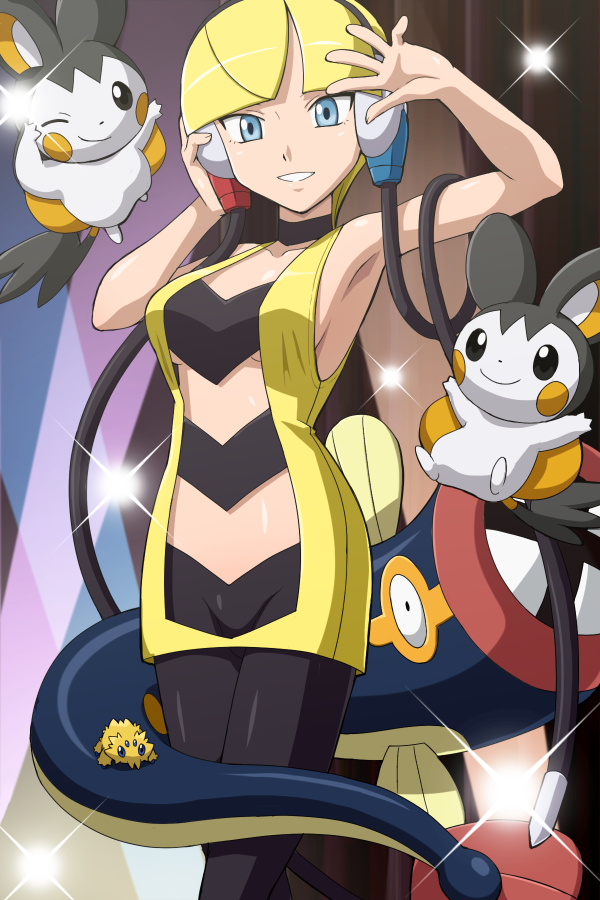 1girl arm_up armpits black_legwear blonde_hair blue_eyes breasts cutout cutout_clothing eelektrik emolga emonga headphones joltik kamitsure_(pokemon) pants pantyhose pokemoa pokemon pokemon_(creature) pokemon_(game) pokemon_black_and_white pokemon_bw sleeveless smile under_boob underboob waist_cutout