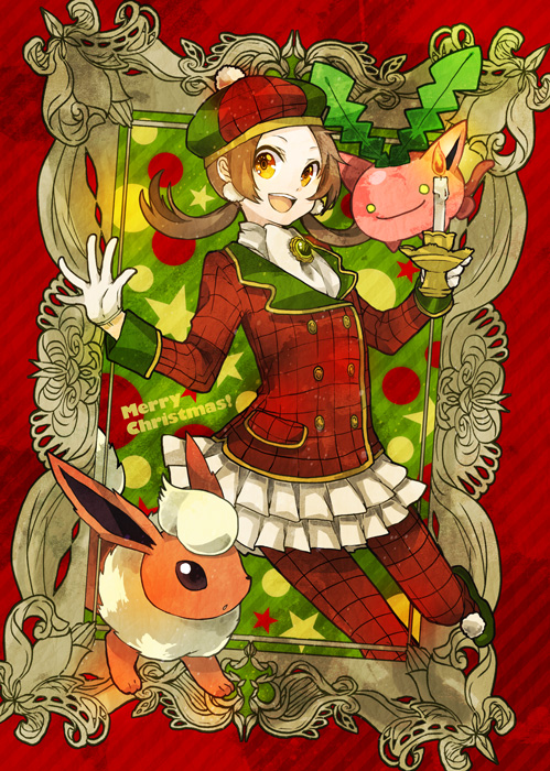 1girl :d alternate_costume ascot brooch brown_hair buzz candle christmas coat creature earrings elaborate_frame flareon frame frilled_skirt gloves hat hoppip jewelry kotone_(pokemon) long_sleeves looking_at_viewer merry_christmas open_mouth orange_eyes pantyhose plaid pleated_skirt pokemon pokemon_(creature) pokemon_(game) pokemon_gsc pokemon_heartgold_and_soulsilver pokemon_hgss red red_legwear skirt smile solo thighhighs twintails white_gloves