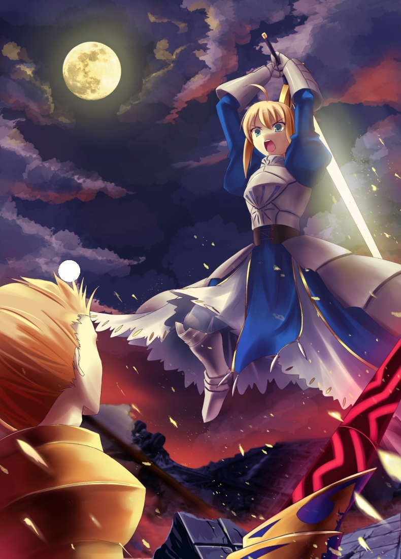 1girl ahoge armor armored_dress blonde_hair dress ea_(fate/stay_night) excalibur fate/stay_night fate_(series) fighting full_moon gauntlets gilgamesh glowing glowing_weapon green_eyes hair_ribbon male moon ribbon saber sword weapon zi_se