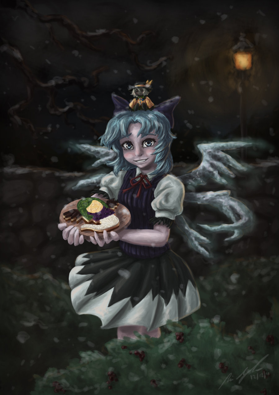 berries blue_eyes blue_hair blush bow cake child cirno doll food green_hair hair_bow hat highres holding ice ice_wings komeiji_koishi lamppost mima perfect_cherry_blossom ribbon short_hair smile snow snowing solo teeth touhou tree wings winter zucreelo