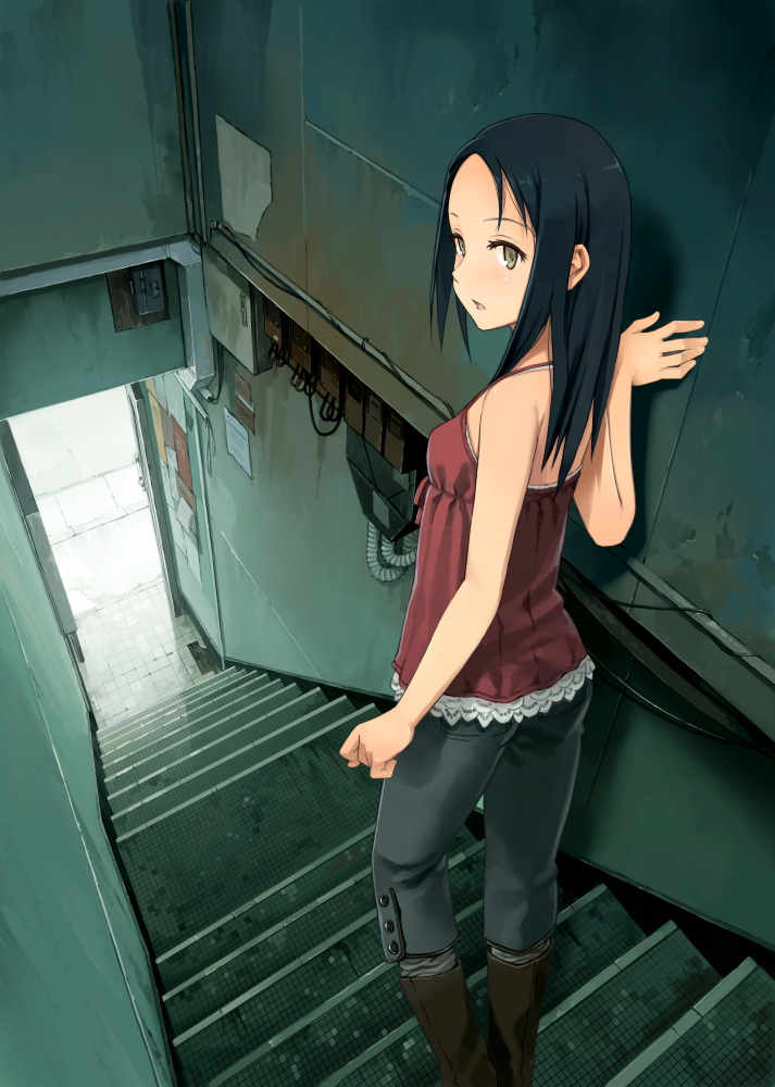 against_wall bangs black_hair boots camisole capri_pants green_eyes grey_eyes halterneck knee_boots leaning long_hair looking_back open_mouth original parted_bangs perspective shorts solo stairs standing yoshida_seiji