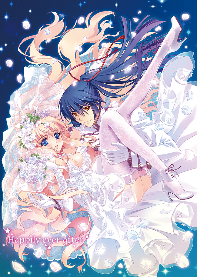 1girl bad_id blonde_hair blue_hair bouquet breasts bridal_veil carnelian carrying cleavage couple dress elbow_gloves english flower garter_straps gloves good_end hair_flower hair_ornament high_heels large_breasts legs legs_up long_hair long_legs macross macross_frontier open_mouth petals pink_legwear ponytail princess_carry saotome_alto sheryl_nome shoes smile thighs veil very_long_hair wedding_dress