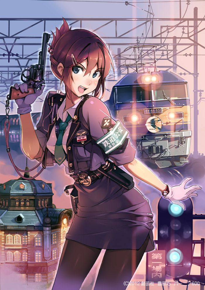 1girl blue_eyes brown_hair female gloves gun hair_ornament hair_up hairclip holster locomotive looking_at_viewer miniskirt necktie official_art open_mouth original pantyhose police police_uniform policewoman rail_wars! railroad_tracks railway_police revision revolver sakurai_aoi short_hair skirt sleeves_rolled_up solo traffic_light train trigger_discipline uniform vania600 weapon