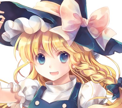:d bad_id blonde_hair blue_eyes bow braid bust face fang hair_bow hat kamui_(kamuikaoru) kirisame_marisa long_hair looking_at_viewer lowres open_mouth ribbon simple_background smile solo touhou white_background witch witch_hat