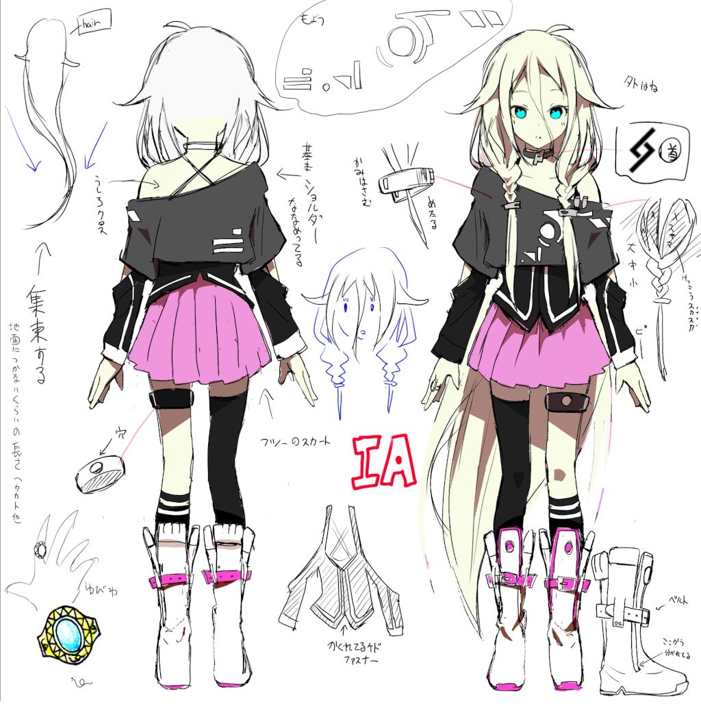 ahoge akasaka_aka bare_shoulders blonde_hair blue_eyes boots braid character_name character_sheet concept_art dual_persona ia_(vocaloid) long_hair off_shoulder resized single_thighhigh skirt thigh-highs thigh_strap thighhighs translation_request twintails very_long_hair vocaloid white_background