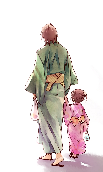 1girl age_difference bad_id brown_hair father_and_daughter hand_holding holding_hands japanese_clothes kaburagi_kaede kaburagi_t_kotetsu kimono mori-003 obi sandals shadow short_hair side_ponytail simple_background tiger_&amp;_bunny white_background
