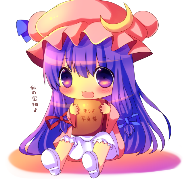 bloomers blush book chibi chocolat_(momoiro_piano) crescent dress hair_ribbon hat hina_hina long_hair musical_note open_mouth patchouli_knowledge pink_dress purple_eyes purple_hair ribbon sitting smile solo touhou translated translation_request upskirt violet_eyes
