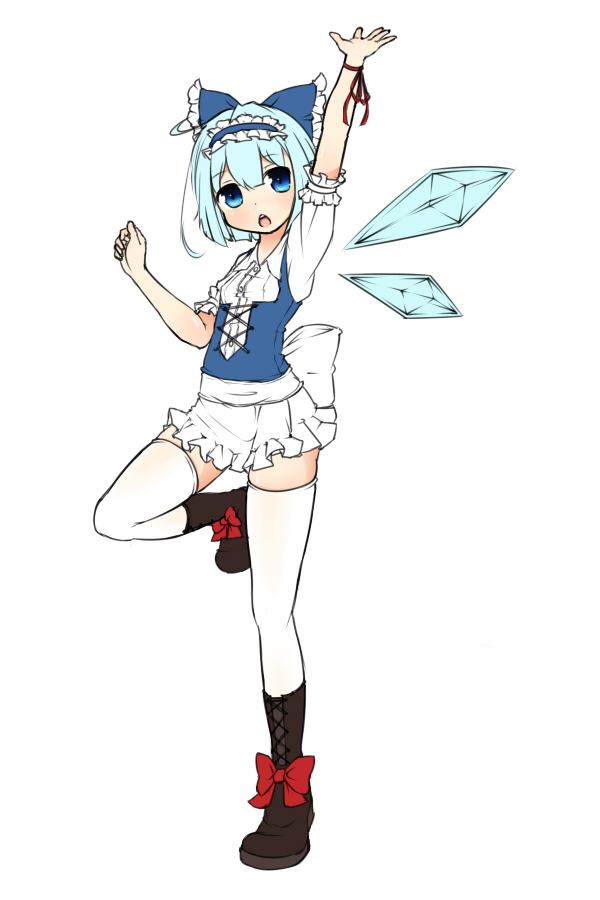 adapted_costume blue_eyes blue_hair boots bow cirno hair_bow hairband kinakomoti microskirt short_hair simple_background solo standing_on_one_leg thigh-highs thighhighs touhou white_legwear wings wrist_ribbon zettai_ryouiki
