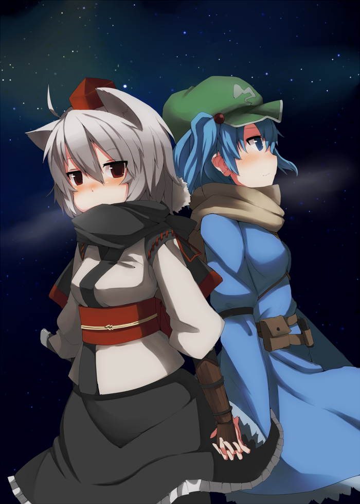 animal_ears aqua_eyes aqua_hair blue_eyes blue_hair blush hands_together hat holding_hands interlocked_fingers inubashiri_momiji kawashiro_nitori multiple_girls obi red_eyes scarf silver_hair skirt tokin_hat touhou wakuwakusan winter_clothes wolf_ears