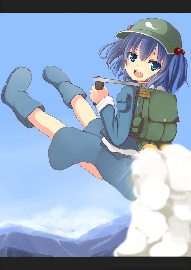 backpack bag blue_eyes blue_hair blush boots flying hair_bobbles hair_ornament hat ixen-fei jetpack kawashiro_nitori key letterboxed long_hair open_mouth randoseru skirt smile solo touhou twintails