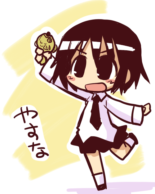 arm_up black_eyes black_hair blush blush_stickers character_name chibi footwear ikkyuu kill_me_baby necktie open_mouth oribe_yasuna outstretched_arms raised_arm school_uniform short_hair skirt socks solo translated