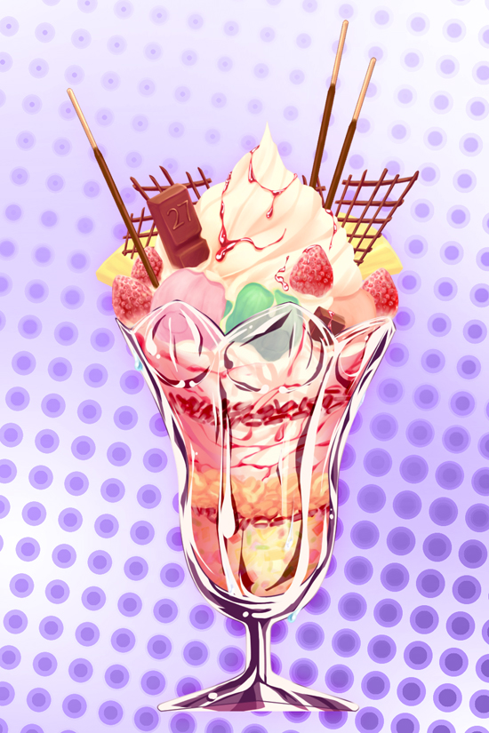 chocolate food fruit glass halftone halftone_background ice_cream no_humans original parfait pineapple pocky purple_background strawberry